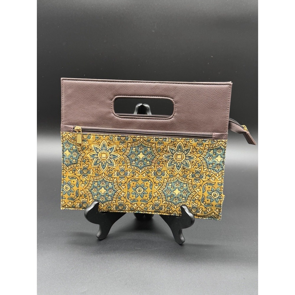 Boho Floral Clutch Handbag Brown Faux Leather Cutout Handle Zip Pocket Purse